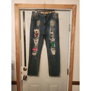 Men’s Distressed Patchwork Jeans 36x30 – Unbranded, Bear & Letter Patches,Ripped